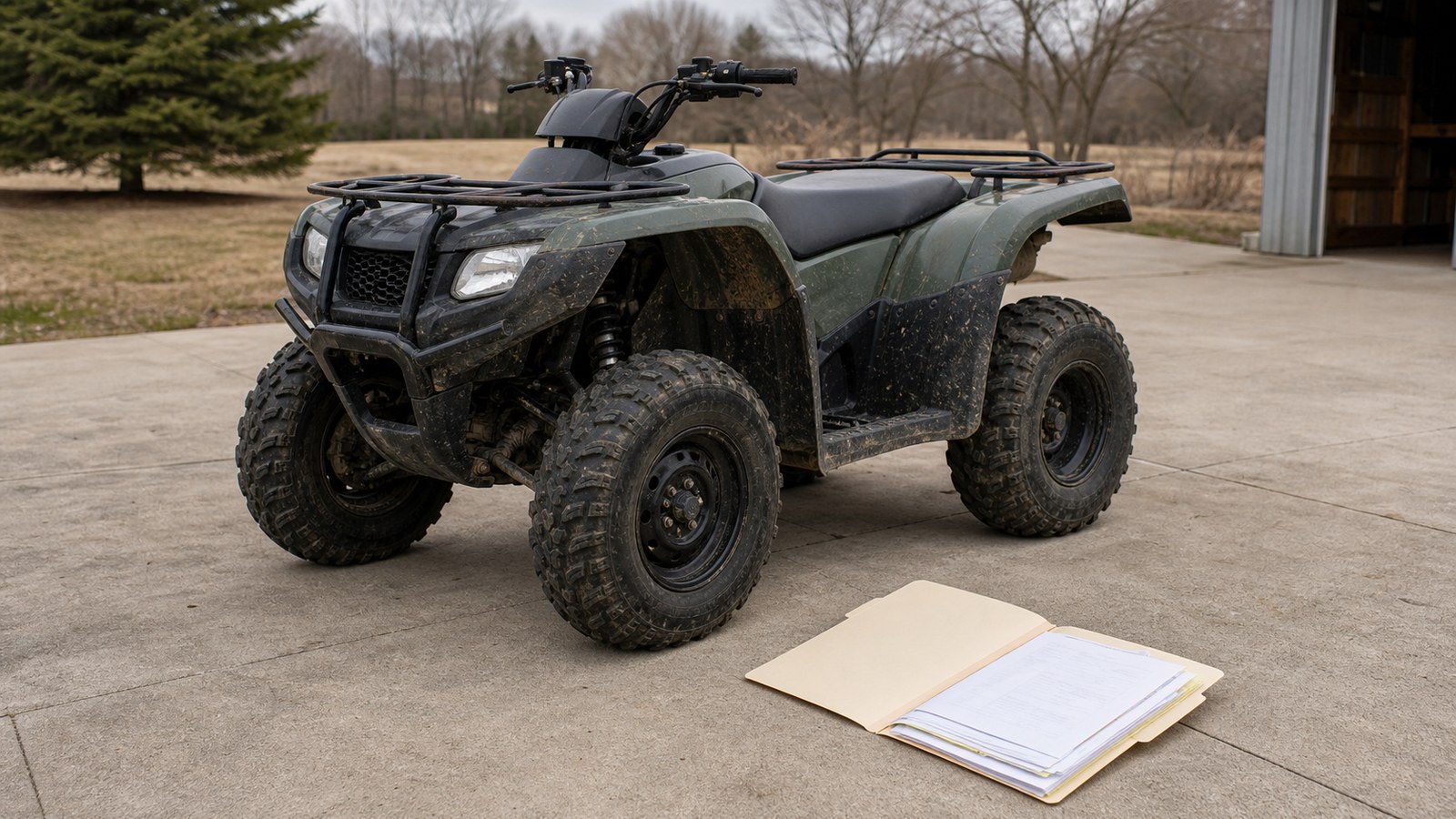 Unbranded ATV scene showing title and ownership paperwork risks