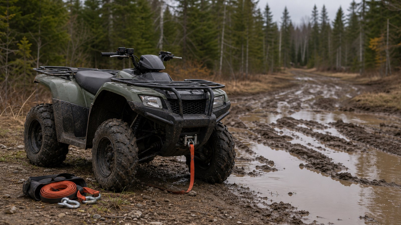 Unbranded ATV scene showing deep mud and wet trail setup