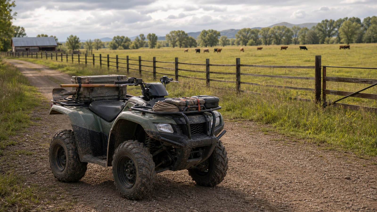 Unbranded ATV scene showing farm and ranch utility setup