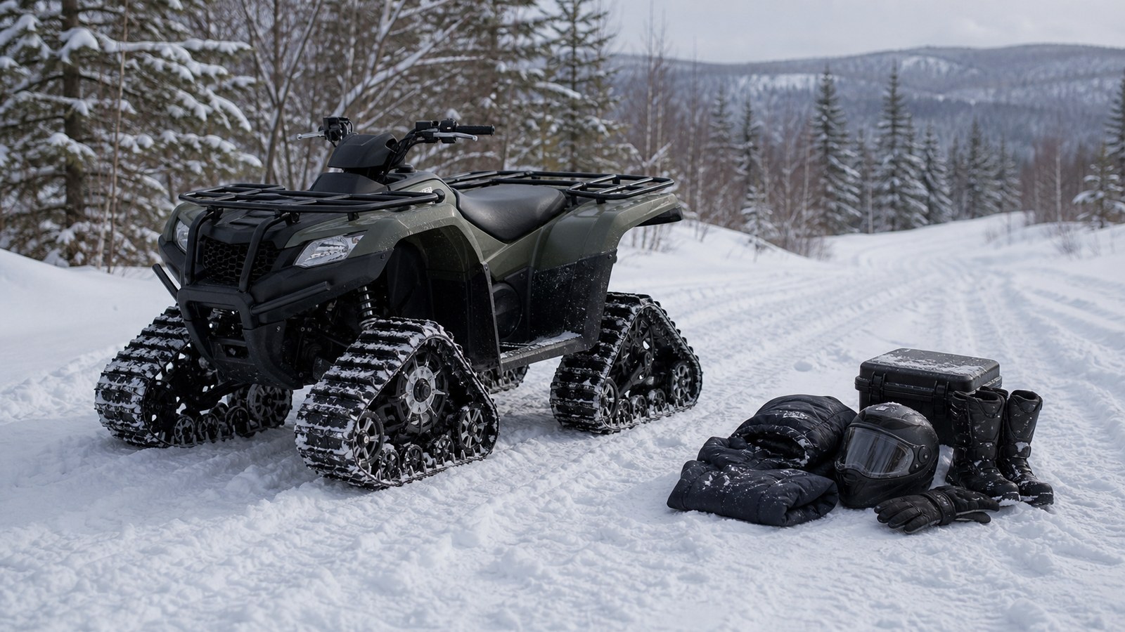 Unbranded ATV scene showing snow tires tracks and cold gear