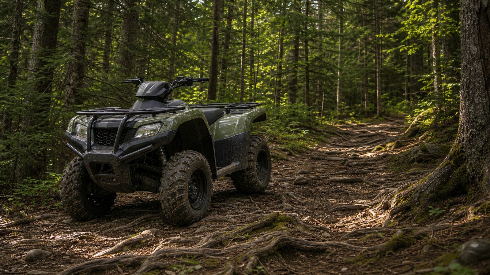 Unbranded ATV scene showing woodland riding control