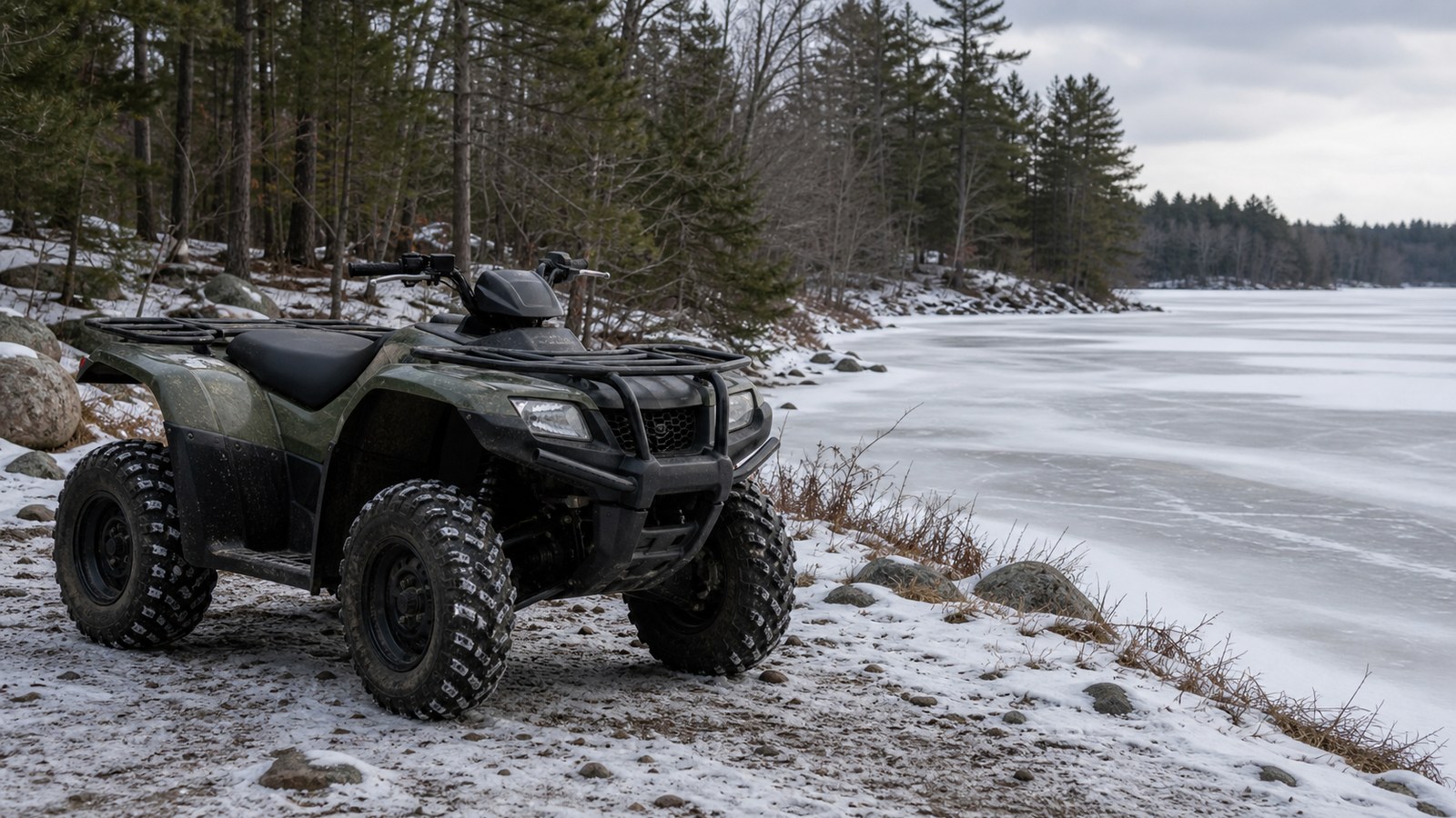 Unbranded ATV scene showing ice and frozen trail safety