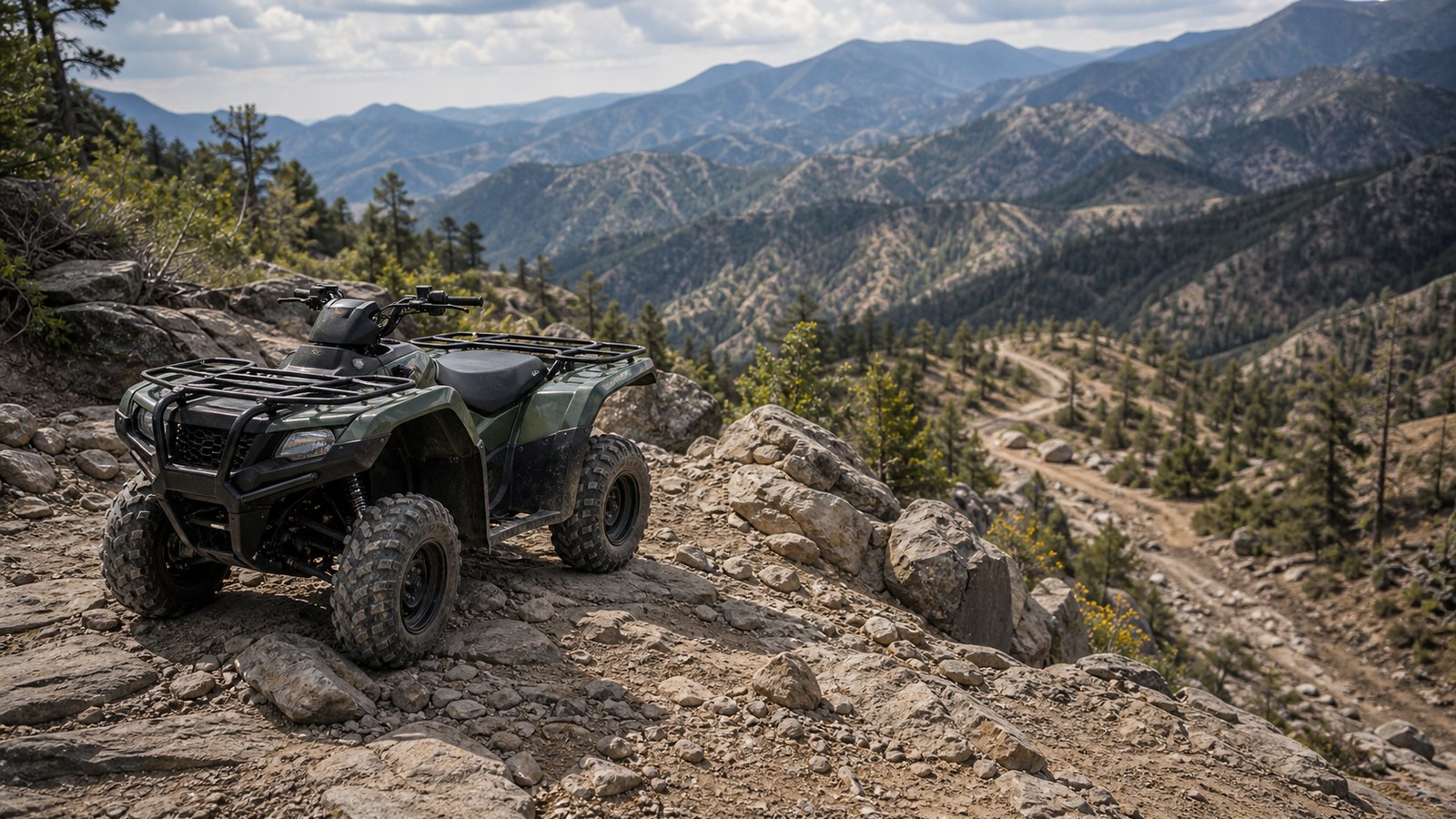 Unbranded ATV scene showing mountain and rock crawling technique