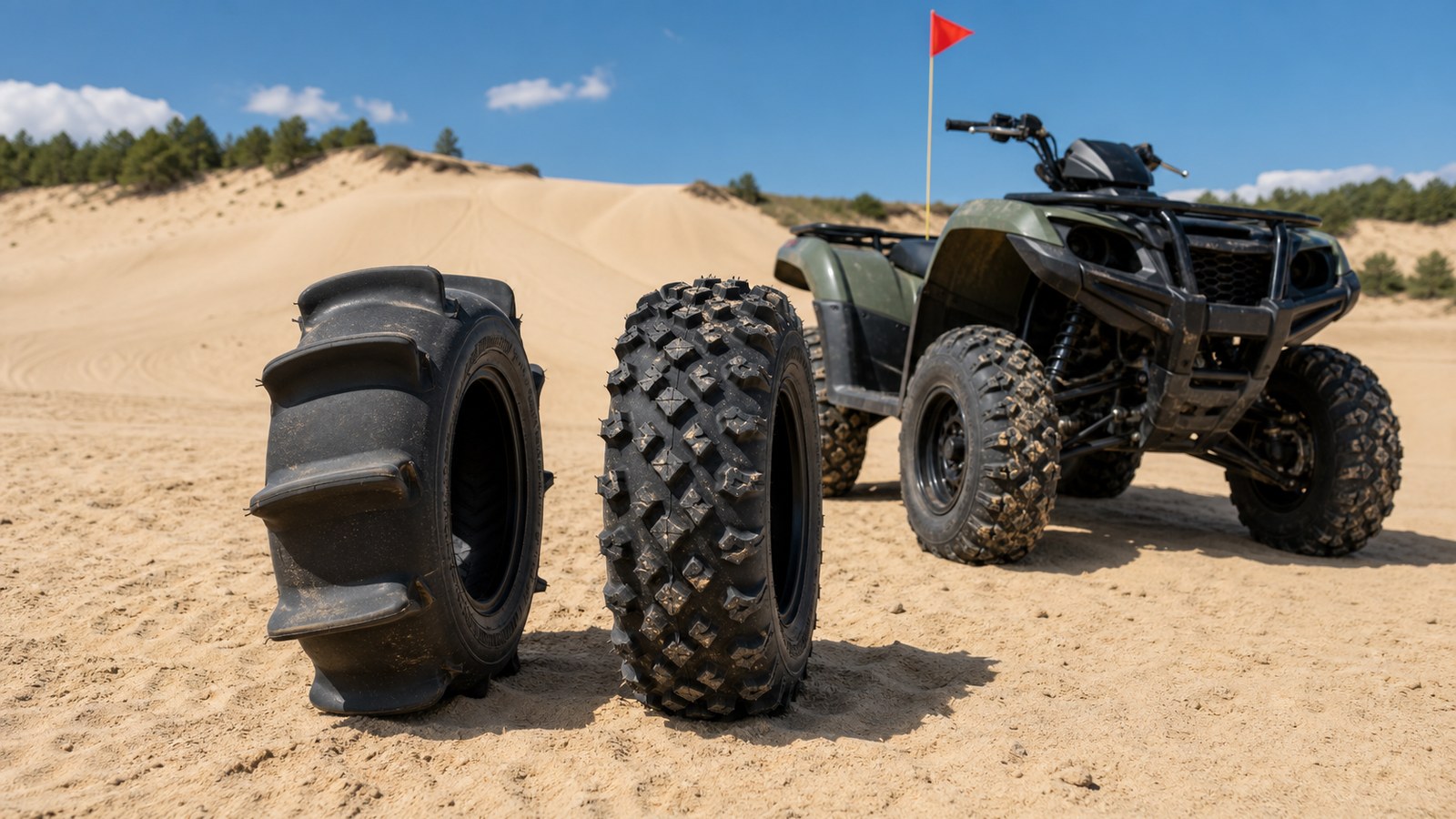 Unbranded ATV scene showing paddle versus knobby tires