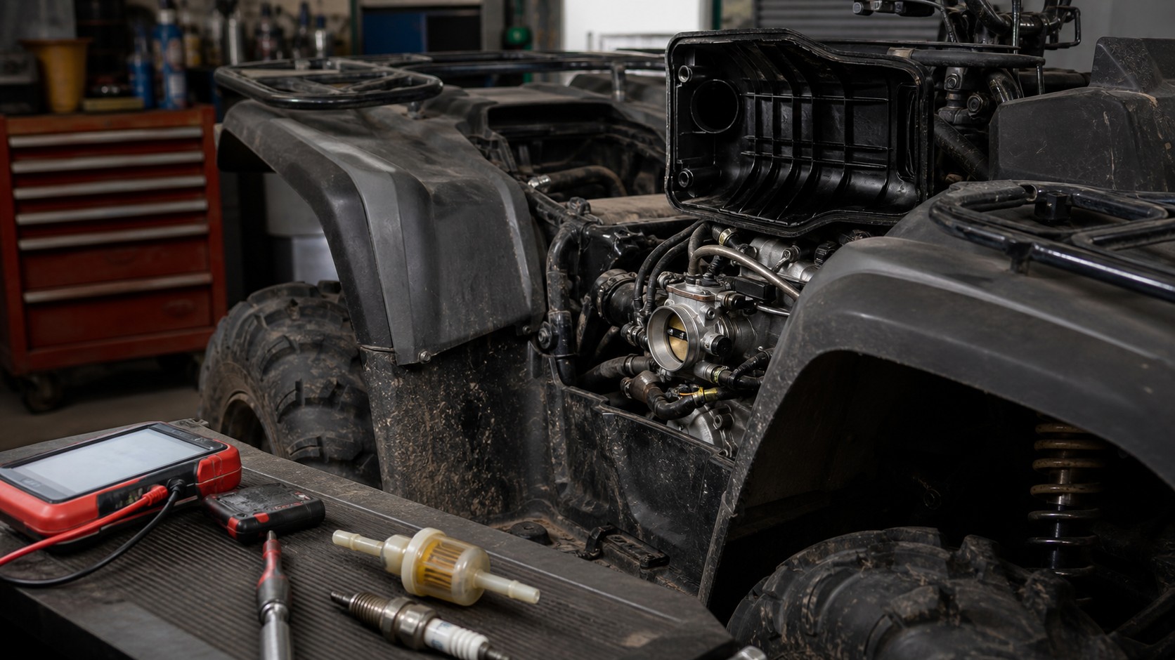 Unbranded ATV scene for ATV Bogging, Stalling, or Backfiring: Common Causes Explained